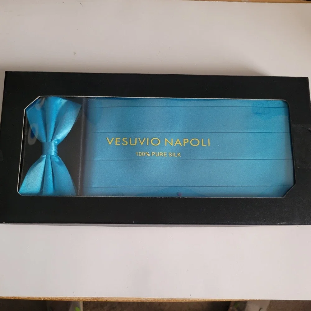 NIB Vesuvio Napoli Turquoise Blue 100% Pure Silk‎ Bow Tie With Cummerbund Set